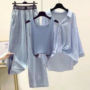 Summer Womens Clothing Outfit Ladies Casual Loose Shirt Vest Wide Leg Denim Pants 3 Piece Set Fashion Letter Jeans Blus 240428