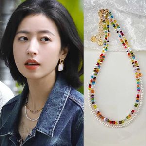 Zhou Yutong the Same Color Beaded Necklace Personality Dopamine Pearl Splicing Collar Chain Double Layer