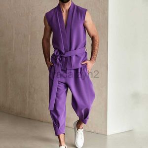 Herrspårar Streetwear Street Purple Strap Cardigan Pants Casual Fashion Two-Piece Set for Men Fashion Set