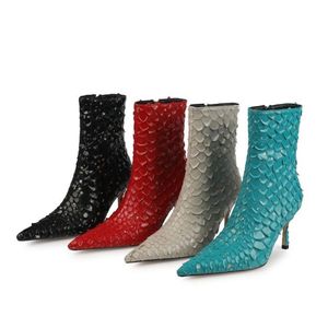 2024 Style Schaffell Leder-Plünderung Spitzer Zehenstiefel Stiefel Stiefel Casual Party Kleid Schuhe 8cm Stiletto Heels Fisch Glitter Reißverschluss Zip 4 Farben Größe 34-45