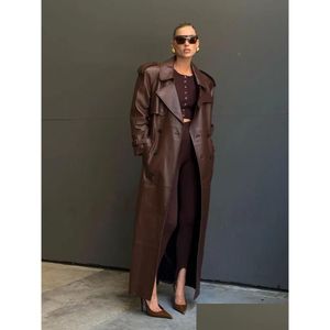 Womens Leather Faux RR2790 Xlong Fake Trench Coat Slim Belt Midjan Back High Cut Up Long Sleeve Chocolate Jacket 230928 Drop Delivery A Dheka