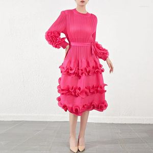Casual Dresses Party Dress Women Fashion Arrivals Solid Color Elegant Round Neck Long Sleeved Stretch Miyake Pleated Cake