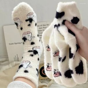 Women Socks Cartoon Cute Cow Mink Velvet Winter Soft Fleece Plush Warm Home Sleep Boot Kawaii Y2K Furry Thermal Tube Sox