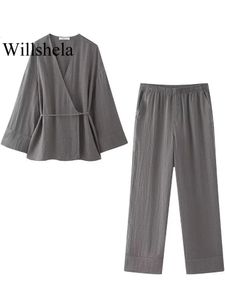 Willshela Women Fashion Two Piece Set Grey Lace Up Loose Coats Vintage High Elastic Waist Trousers Feamle Chic Lady Pants Sets 240419