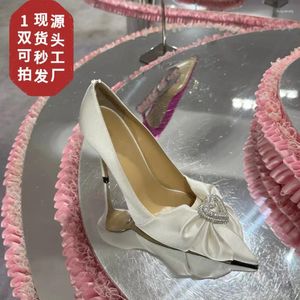 Dress Shoes Silk White Wedding Love Water Diamond Pointed Thin Heels Shallow Mouth Bride High Single For Women