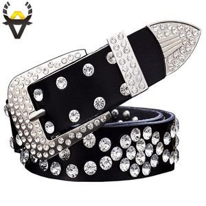 Fashion rhinestone genuine leather belts for women Unisex waist belt for men Quality second layer cow skin strap width 3 3 cm Y200807 279K