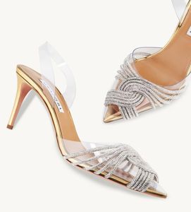 Aquazzura Gatsby Slingback Women Sandals обувь Crystal вихрь Стривки высокие каблуки Оверт-ногу для вечеринки Lady Pum