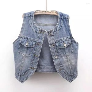 Kvinnors tankar 2024 Spring and Summer Fashion o-hals kort denim Vest Women Jean Waistcoat ärmlös jacka Kvinnliga löst toppar W258