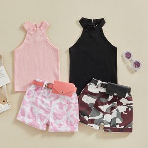 Clothing Sets Summer Kids Girl Outfits Solid Color Ribbed Knit Halter Tops Camouflage Shorts Belt Bag Clothes Set