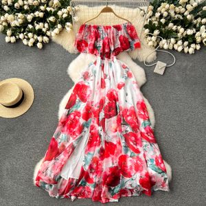 Novo vestido casual de verão de verão fora ombro ombro lindo vestido de chiffon de férias feminino cora pesco