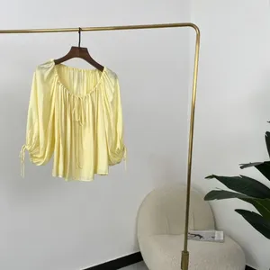 Blusas femininas amarelo barra branca pescoço de lanterna longa manga ruched blusa tops elegantes feminino 2024 Primavera verão Alta qualidade
