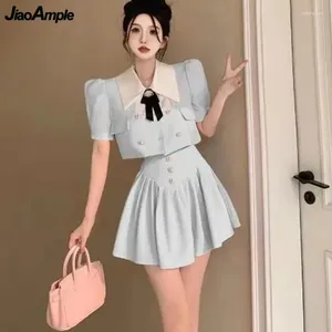 Work Dresses Summer Preppy Style Blue Short Shirt With Brooch Mini Pleated Skirts Two Piece Set Japan Korean Polo Tops Half Skirt Outfits