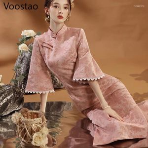 Ethnic Clothing Chinese Style Elegant Cheongsam Dress Women Vintage Traditional Pink Floral Print Qipao Ladies Sweet Slim Split Dresses