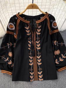 Kvinnors blusar kvinnor vintage blus vår sommarlång ärm broderi blommor strandskjortor kvinnlig löst bomullslinne topp