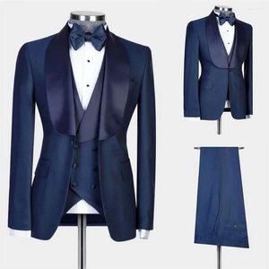 Men's Suits High Quality Men Blazer Navy Blue Shawl Lapel Single Breasted Business Outfits Fashion Clothing 3 Piece Jacket Pants Vest