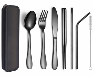 Black Tableware Set Stainless Steel Cutlery Set Portable with Box Travel Picnic Dinner Set 7 Piece Utensils Reusable EcoFriendly 25355027