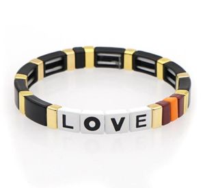 Bohemiska handgjorda elastiska stretchstack Bangle Cuff Colorful Square Tile Metal Alloy Emamel målade pärlor smycken5968311