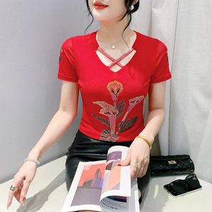 2024 Summer Fashion Корейская футболка для футболки Сексуальная Hollow Out Diamonds Flower Women Tops Ropa Mujer Mesh Tees 240420