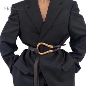 100% Genuine Leather double Belts Luxury Metal U Buckle belt women girls retro vintage large belt for coat jeans black white LJ200923 255t