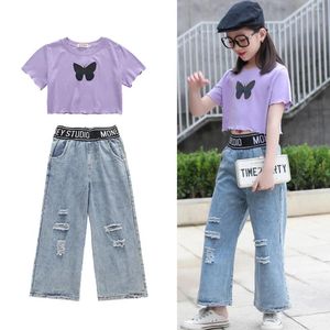 Комплекты одежды Oyolan 2024 Summer Kids Girls Casual Butterfly Top Top Top Jeans Pants 2pcs Teenage Streetwear