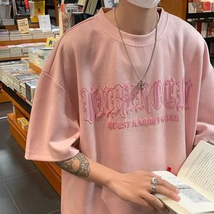 スエード印刷されたショートスリーエレブのTシャツメンズサマーダーティピンクハイエンドニッチヘビー級ゆるい半分波の男性衣類240426