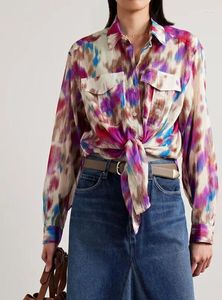 Kvinnor Bluses Woman 2024 Summer Tie Dye Print Bomullsskjorta Bröstfickor Hem Bow Bundna Långärmade blus toppar