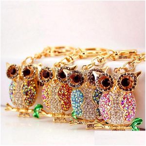 Nyckelringar Animal Owl Chain Pendant Colorf AB Rhinestone Gold Tone Metal Hummer Clasp Ring biltillbehör Holder Drop Delivery Jewel DHS7T