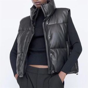 ZA Women Black Warm Vaux Leather Coat Coat Disual Stipper Sugyless Jacket Studde Female String Cotton Outwear 211112 227T