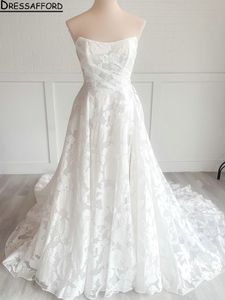 Real Image Strapless Pleat A-Line Wedding Dresses Sleeveless Floral Appliques Lace Bridal Gowns Vestidos De Novia