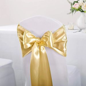 10st 17x275cm guld satinstol Sashes Bows Stol Cover Band för bröllop Bankettfest Baby Shower Event Dekorationer 240430