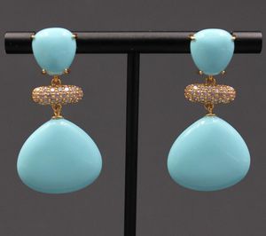 GuaiGuai Jewelry Blue Turquoises Triangle Water Shape Dangle CZ Beads Wedding Studs Earrings Handmade For Lady4029963