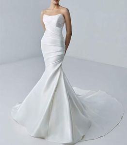 Elegant Long Strapless Satin Wedding Dresses Mermaid Ivory Pleated Zipper Back Vestido De Noiva Court Train Bridal Gowns for Women