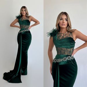 Royal Sleevless Feather Velvet Mermaid Prom Dresses Elegant O Neck Formal Party Dress Sequined Lace Crystal Evening Gowns