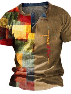 Camisetas masculinas Camiseta de verão Vintage T-shirt 3D Plaid Impresso SLVE SLVE STRT Mens de grandes dimensões Tops V Botão de pescoço T240505