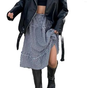 Skirts Puloru Black Plaids Flowy Midi Women's Mid Elastic Waist Frill Trim A-Line Loose For Streetwear Aesthetic Clothes