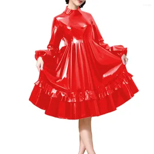 Casual Dresses Party Slå ner kragen Wetlook PVC Leather Lolita Dress Long Puff Sleeve A-Line Pleated Midi Elegant Lady High midja