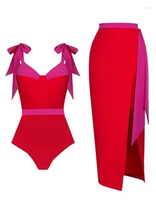 Frauen Badebekleidung rotes Hosenträger Verstellbarer Farbblock gedruckter V-Ausschnitt High Taille Bug-up ein Stück 2024 Sommer Badeanzug und Deckung