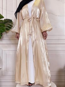 Etnisk kläder mode organza abaya kimono dubai muslimsk kofta abayas kvinnor casual mantel kvinnlig islam kläder med bälte