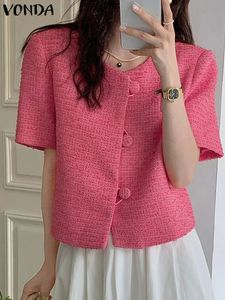VONDA Fashion Summer Women Blazer Short Sleeve Solid Color Coats Buttons Casual Loose Elegant Office Basic Shirts 240430