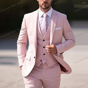 Erkekler Pembe Erkekler Takım İş Prom Partisi Groom Damat Düğün Resmi Durumu Smokin 3 Parça Set Ceket Yelek Pantolon