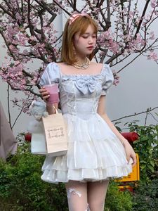 Party Dresses Blue Elegant Puff Sleeves Cross Lace Up High Waist Slim Dress For Women Sweet Cute Girl Summer Y2K Sexy