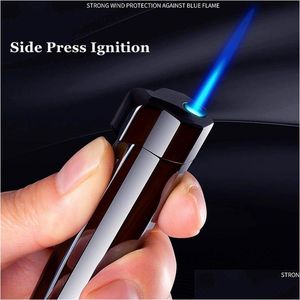 Lighters New Windproof Cigarette Torch Cigar Lighter Side Press Ignition Metal Jet Blue Flame Refillable Butane Gas Gadgtes Drop Deliv Dhbwp