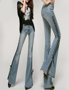 Nya blå bandage snörning upp flare jeans kvinnor delade hig midja bell botten jeans sträcka mager byxor klockbottnar 2011066485909