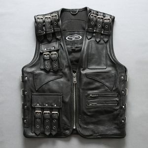 Men's Adjustable Genuine Leather Motorcycle Vest Real Cowhide Leather Sleeveless Jackets Detachable Biker Waistcoat High Quality 325z