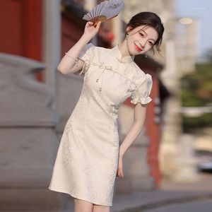 Etniska kläder kvinnor Short Qipao 2024 Young Girls Summer Modern Chinese Style Small Tall Jacquard Modified Sleeve Dress Cheongsam