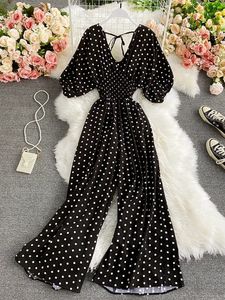 Sommer Vintage Women Polka Dot Strampler sexy V-Ausschnitt Puff Kurzarm hoher Taille Rückenfreies Weitbein-Jumpsuits Frau 240429