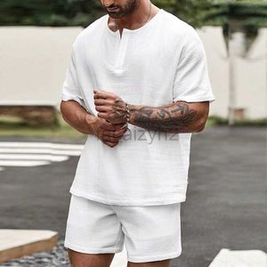 Men's T Shirts 2024 Men's Set Summer Loose Casual Solid V-neck Short sleeved tees Shirt Shorts Two piece Set Plus Tees Polos GZ6A