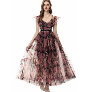 Frauen Runway Spaghetti -Gurte sexy von der Schulter floralen gedruckten High Street Elegant Casual Long Vestidos Abschlussball