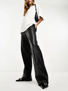 Women's Pants Women Black Matte Faux Leather High Waist Straight With Pocket Ladies Vintage Stretch PU Floor Length Trousers Custom
