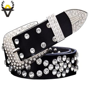 Fashion rhinestone genuine leather belts for women Unisex waist belt for men Quality second layer cow skin strap width 3 3 cm Y200807 267O